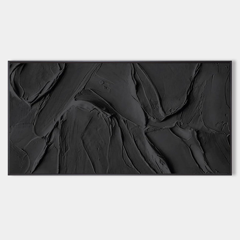 Panoramic Black 3D Abstract Painting Large Black Textured Wall Art Modern Minimalist Black Abstract Canvas Art