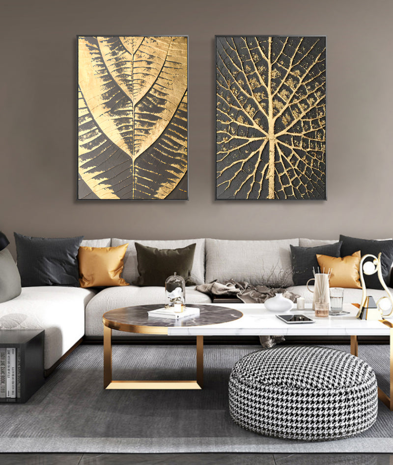 Gold and Black 3D Abstract Painting Set of 2 Gold 3D Textured Wall Art Light Luxury Canvas Art