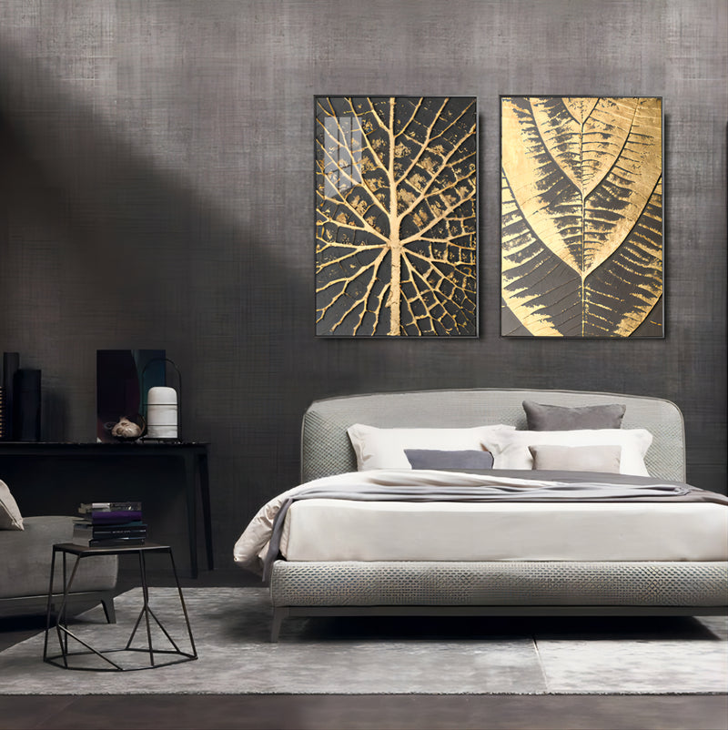 Gold and Black 3D Abstract Painting Set of 2 Gold 3D Textured Wall Art Light Luxury Canvas Art