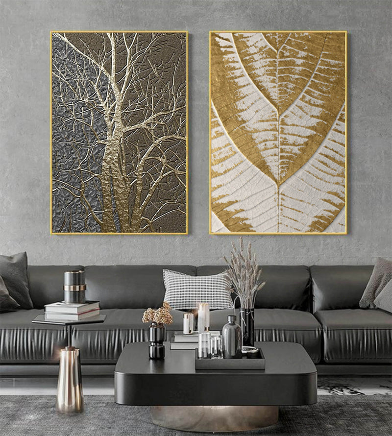 Gold 3D Texture Wall Art Set of 2 Gold Acrylic Abstract Painting Set of 2 Luxury House Decor