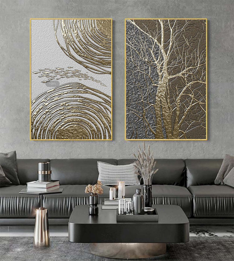 Gold 3D Abstract Painting Set of 2 Gold Textured Acrylic Canvas Art Set of 2 Luxury Living Room Wall Painting