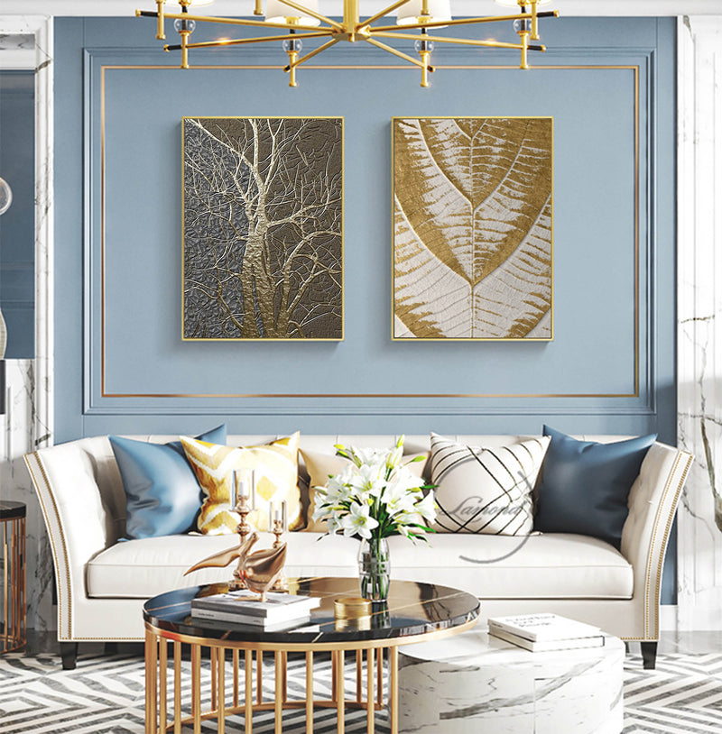 Gold 3D Texture Wall Art Set of 2 Gold Acrylic Abstract Painting Set of 2 Luxury House Decor