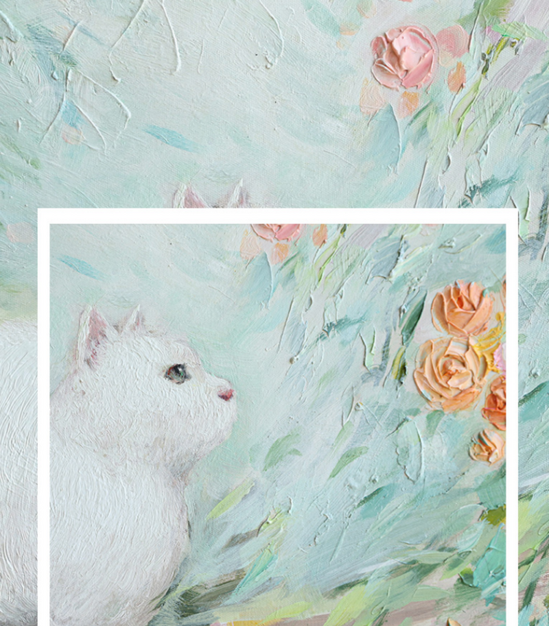 3D White Cat and Flowers Oil Painting Flowers Texture Wall Art Flowers Plaster Art Flowers Home Wall Painting
