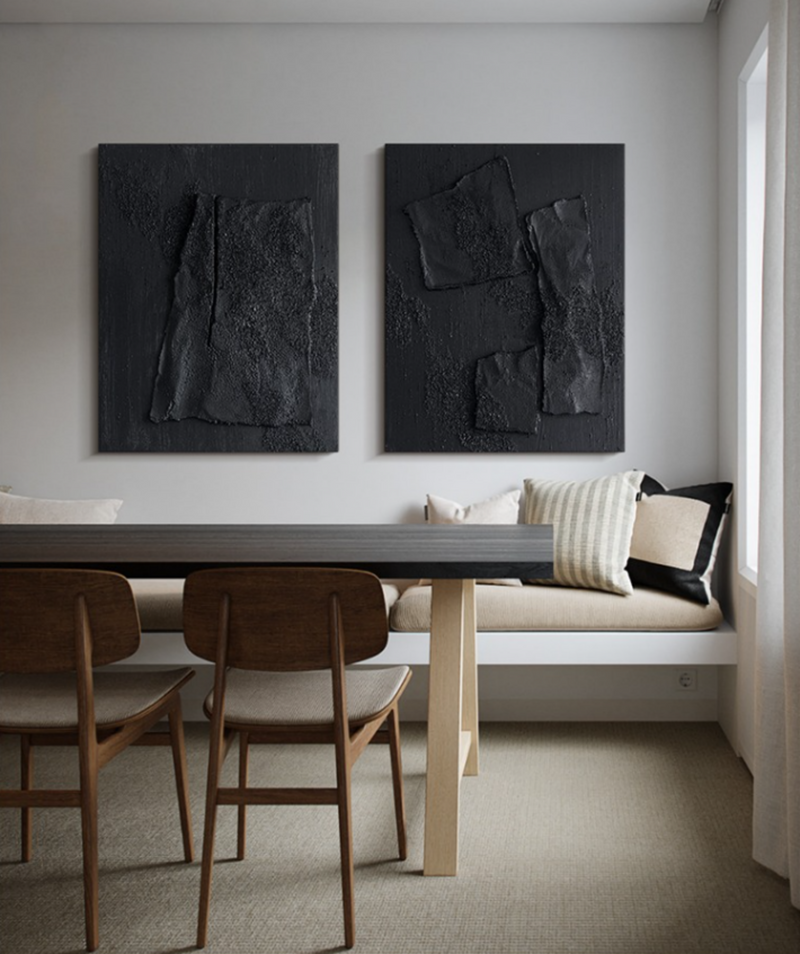 Black 3D Abstract Art Set of 2 Black 3D Textured Wall Art Set of 2 Black Minimalist Canvas Art Set of 2