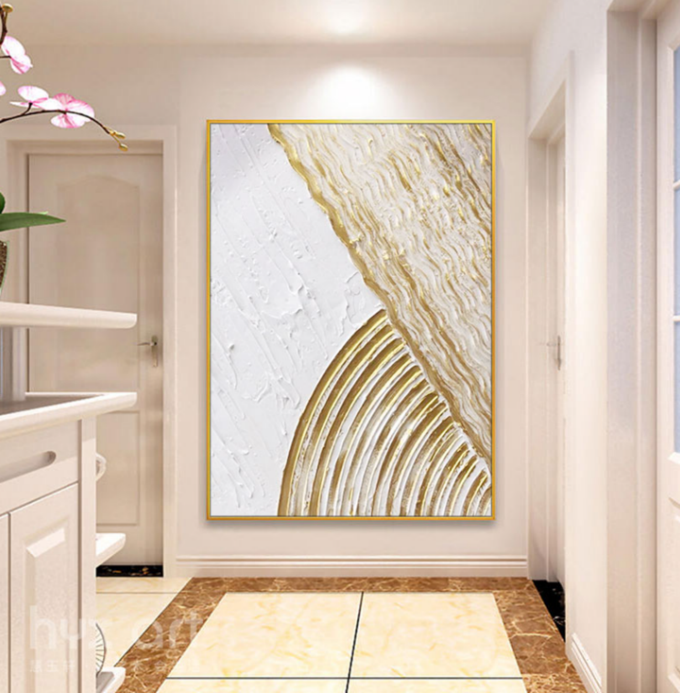White and Gold 3D Minimalist Abstract Art Large 3D Textured Canvas Painting 3D Plaster Abstract Art