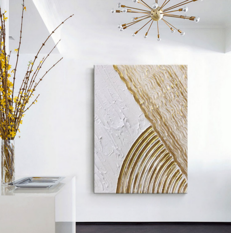 White and Gold 3D Minimalist Abstract Art Large 3D Textured Canvas Painting 3D Plaster Abstract Art