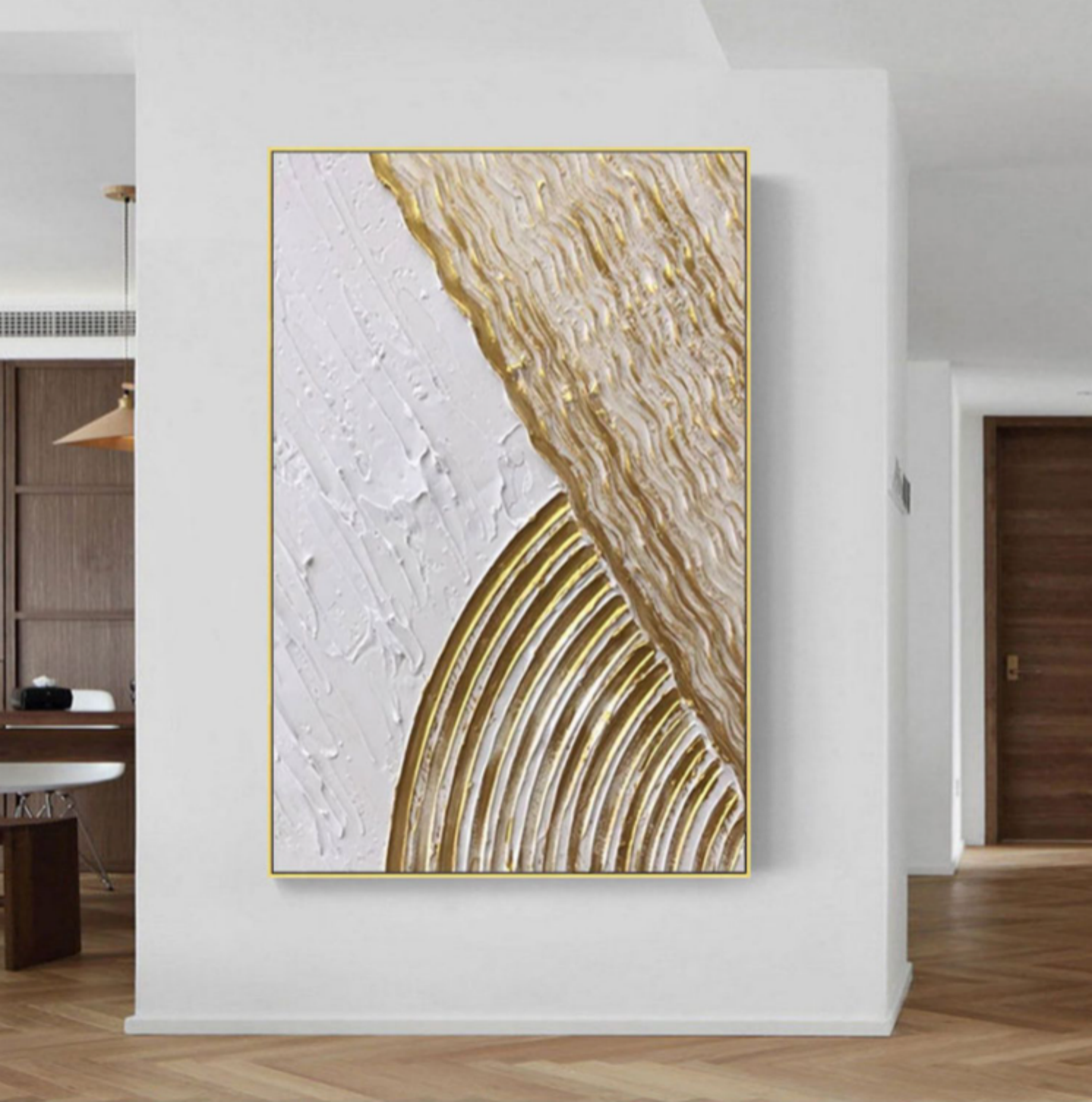 White and Gold 3D Minimalist Abstract Art Large 3D Textured Canvas Painting 3D Plaster Abstract Art