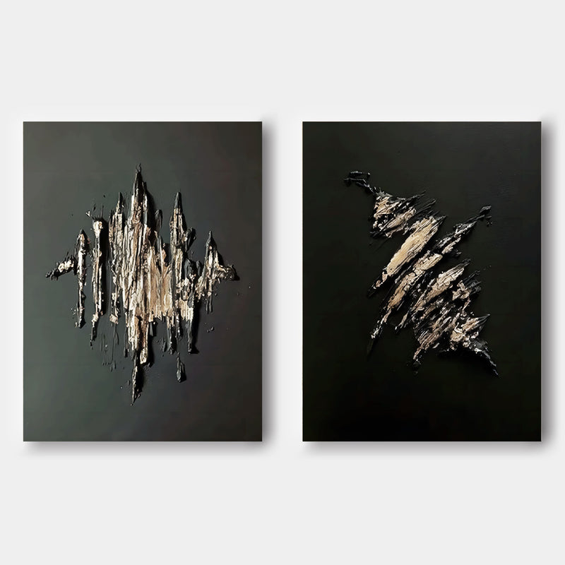Large Black and Gold 3D Abstract Art Textured Wall Art Plaster Wall Art Minimalist Painting Set of 2