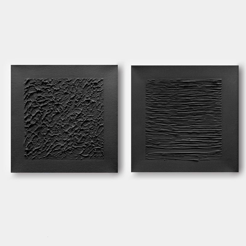 Black 3D Abstract Art Set of 2 Black Textured Wall Decor Painting Set of 2 Black Wabi-Sabi Wall Art Set of 2