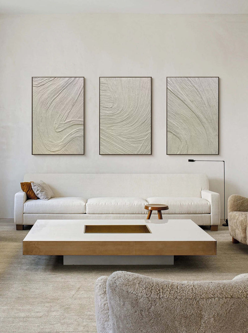 Beige Minimalist Abstract Painting Set of 3 3D Plaster Art Set of 3 3D Textured Canvas Art Set of 3