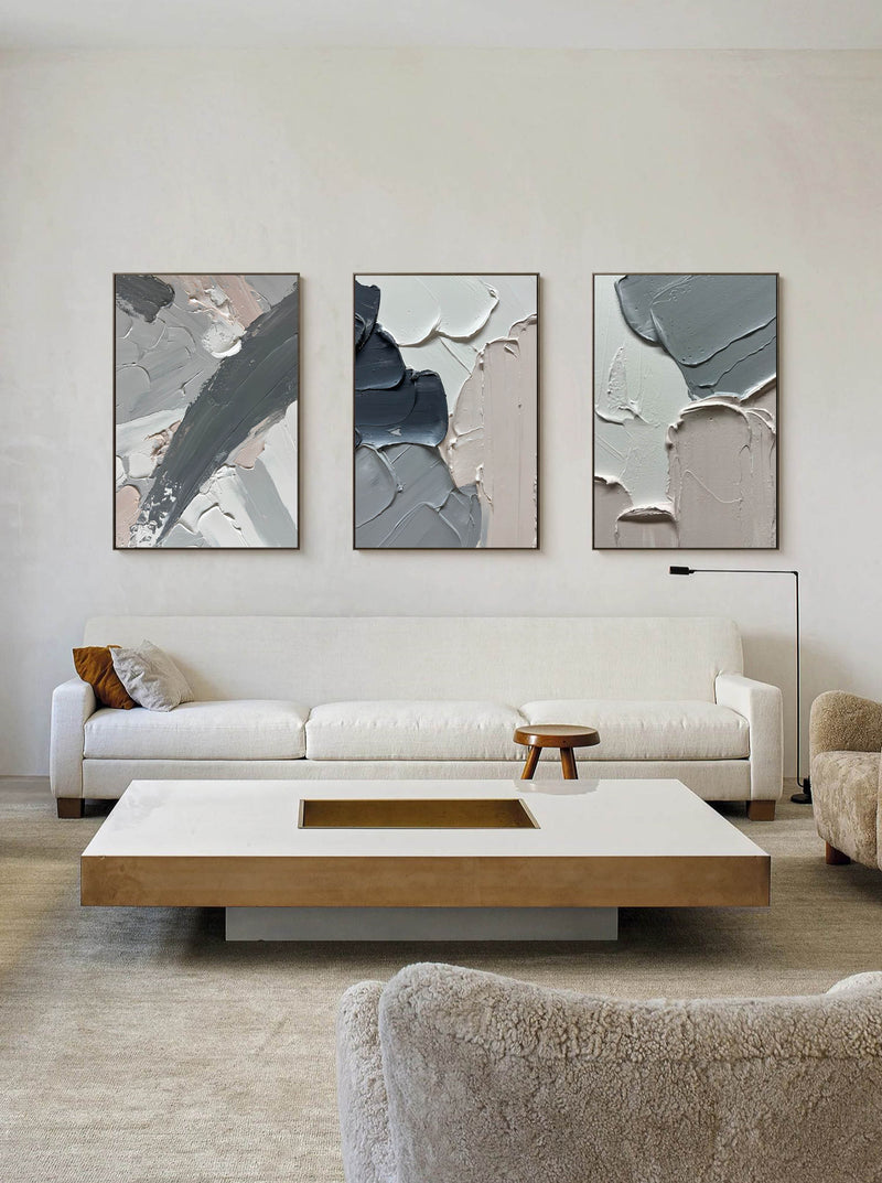 Large 3D Gray Abstract Art on Canvas Set of 3 Plaster Wall Art Textured Wall Decor Painting Set of 3