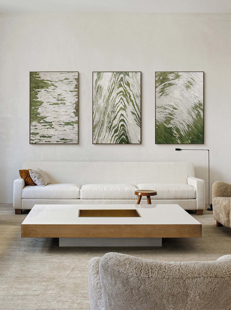 3D Green and Gray Abstract Canvas Art Set of 3 Textured Abstract Oil Painting Set of 3 Minimalist Wall Art