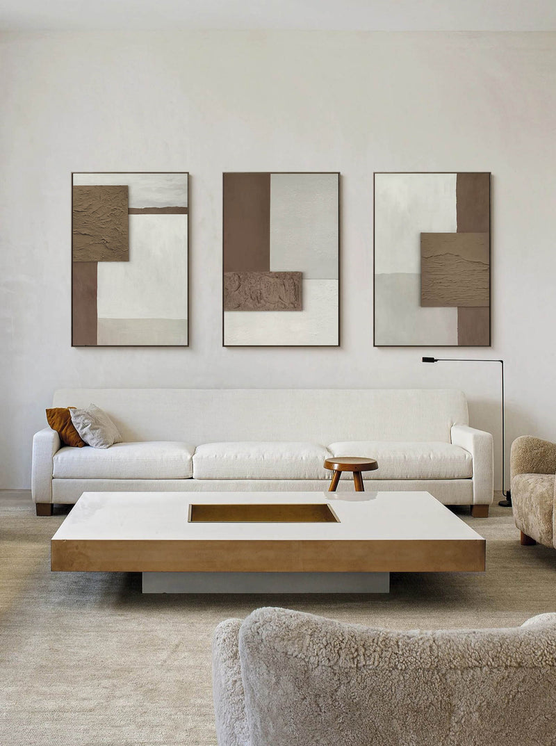 Brown 3D Abstract Painting Set of 3 Brown 3D Wall Art Set of 3 Brown Minimalist Abstract Painting Set of 3