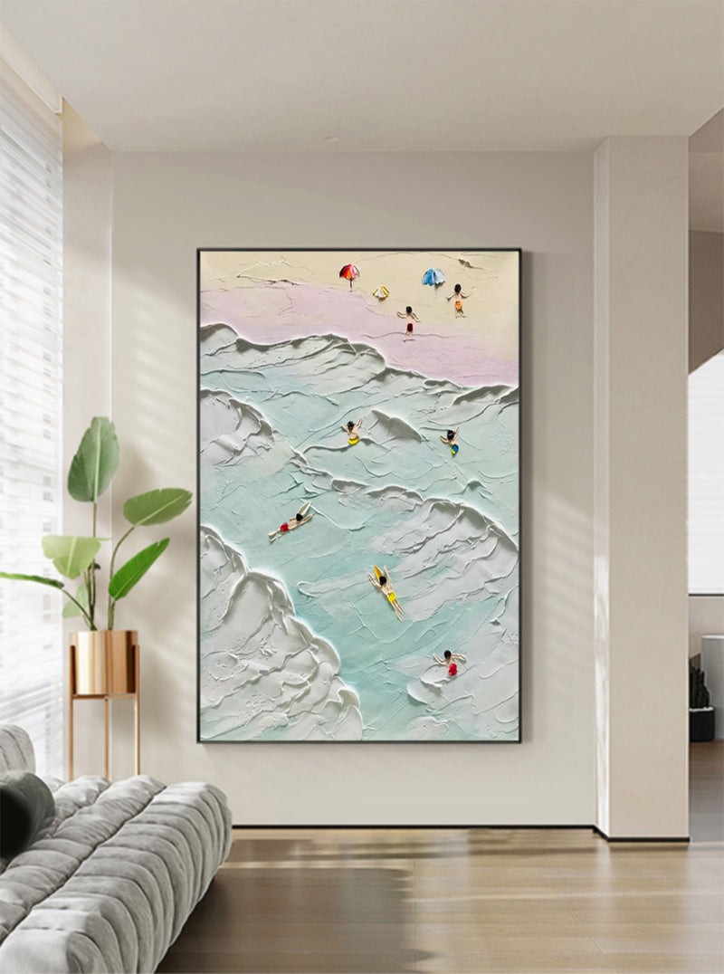 Sea Swim Canvas Painting Sea Swim Texture Wall Art 3D Plaster Art Sea Landscape Art swimming painting