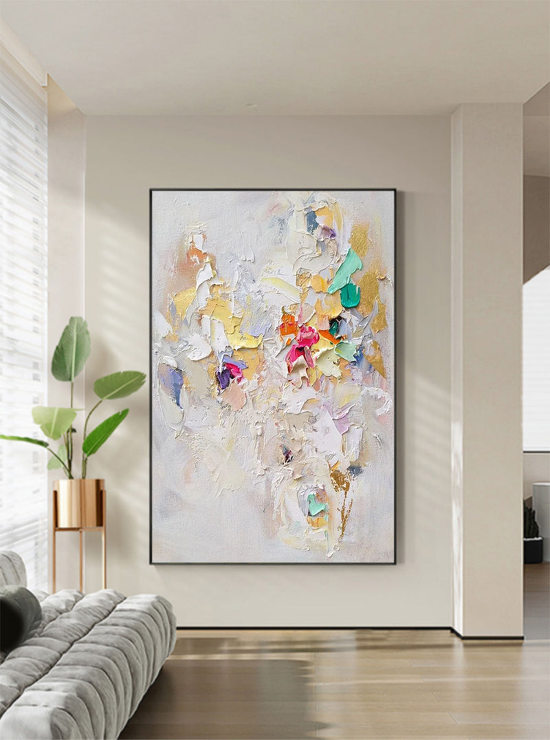 Large Beige 3D Abstract Art Colorful Minimalist Canvas Painting Textured Wall Art 3D Plaster Art