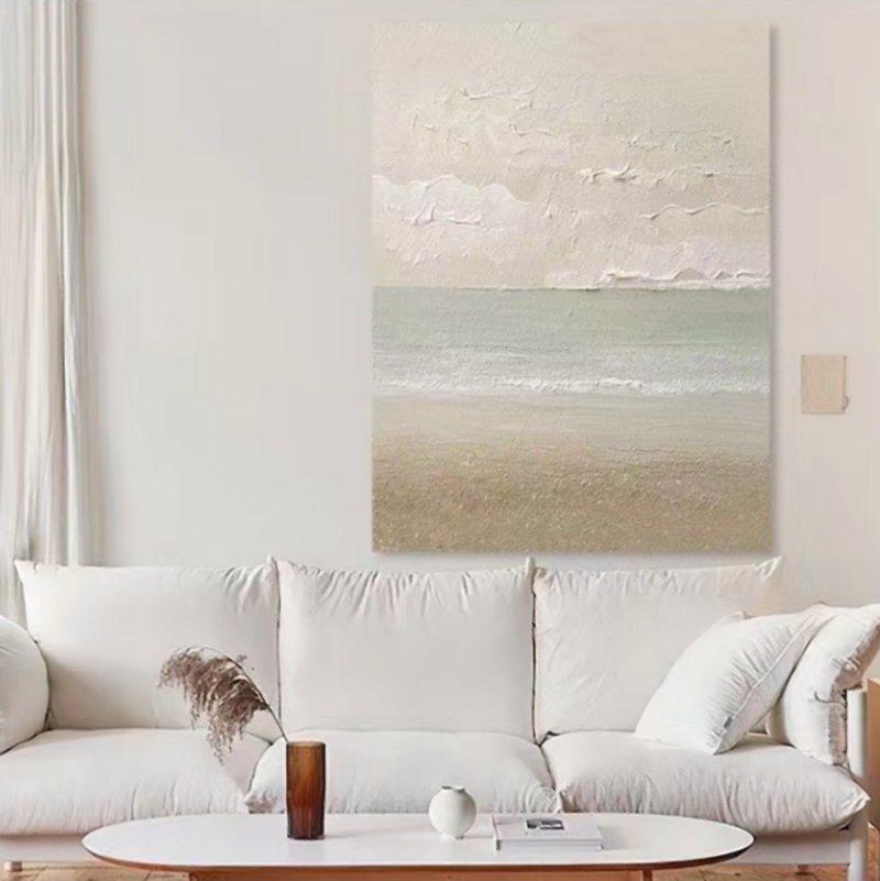 Abstract Cloud and Sea Landscape Painting Wabi Sabi Mural Minimalist Canvas Art Living Room Painting