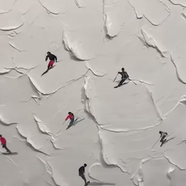 Plaster Wall Art Original Ski Sport Painting on Canvas Custom Painting Texture Wall Art Skier on Snowy Mountain Art White Snow Skiing Art