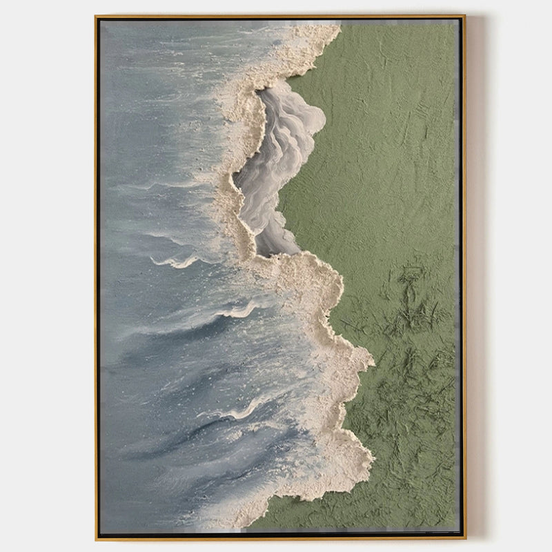 White and Green Beach Ocean Waves 3D Texture Painting Wabi-Sabi Wall Art Large Landscape Canvas Art