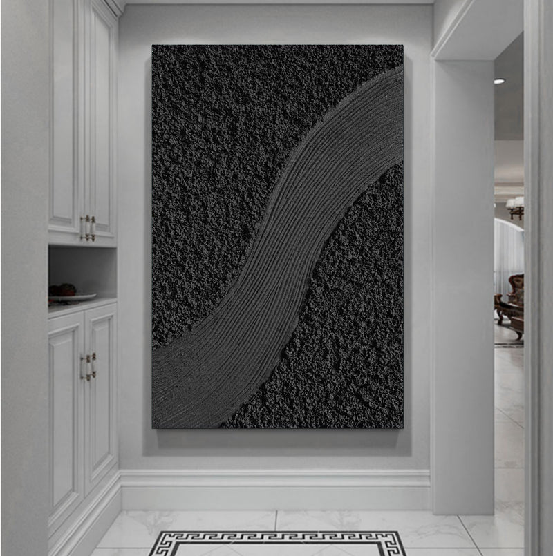 Large Black 3D Minimalist Abstract Art Black 3D Textured Wall Art Black Abstract Canvas Art 3D Plaster Art