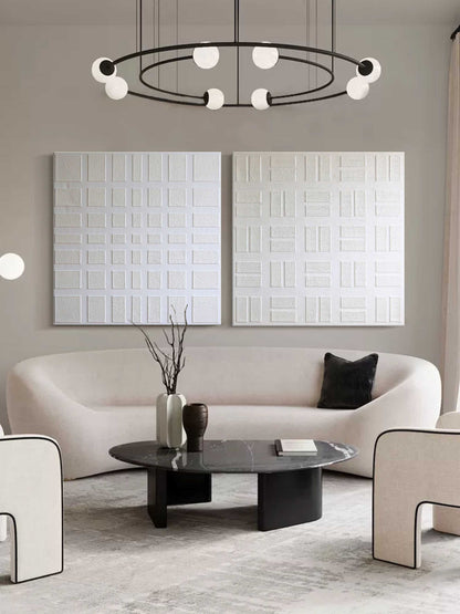 3D White Textured Art Canvas Set of 2 White Minimalist Wall Art White Abstract Oil Painting Set of 2