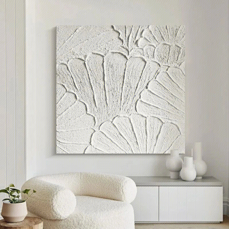 White flower petal Textured Canvas painting 3D plaster art White Abstract Minimalist