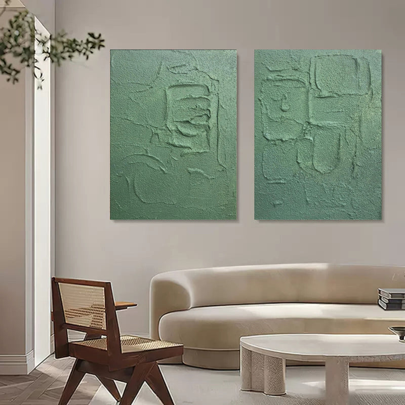 Large Green 3D Abstract Art Set of 2 Plaster Wall Art on Canvas Set of 2 Textured Wall Art Set of 2