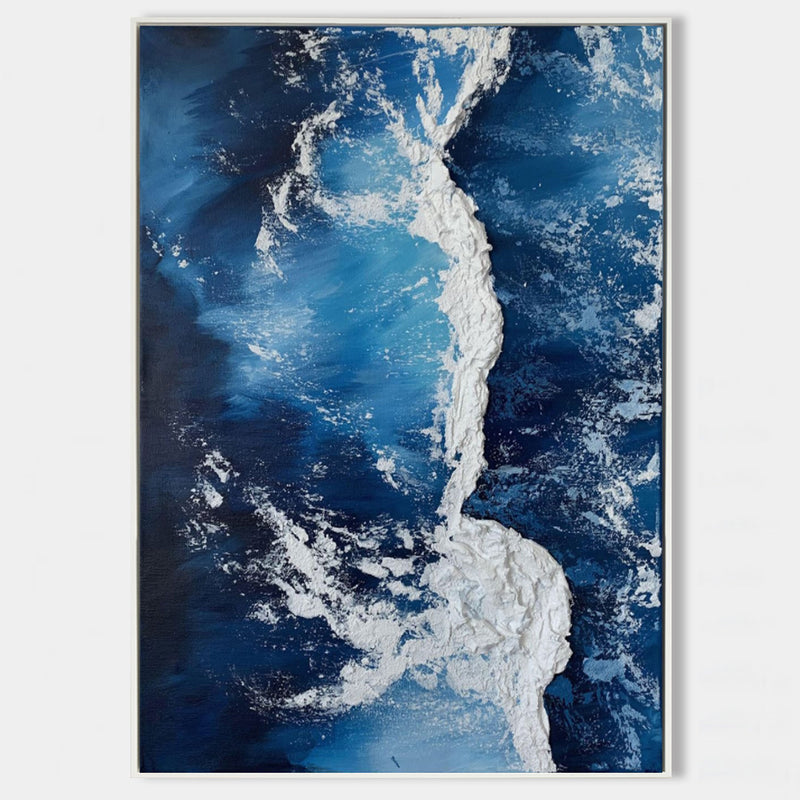 3D Blue Sea Painting On Canvas Textured Wall Art Plaster Wall Art Acrylic Painting Wall Decor Ideas