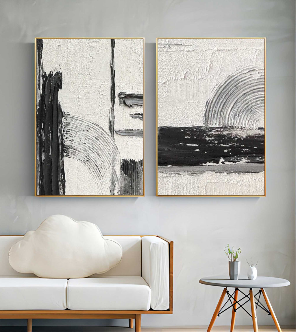 Black and White Abstract Canvas Art Set of 2 Black and White Oil ...