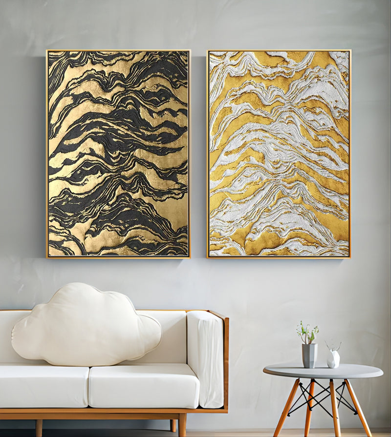 Gold and Black 3D Abstract Painting Set of 2 Gold 3D Textured Wall Art Luxury Living Room Wall Decor