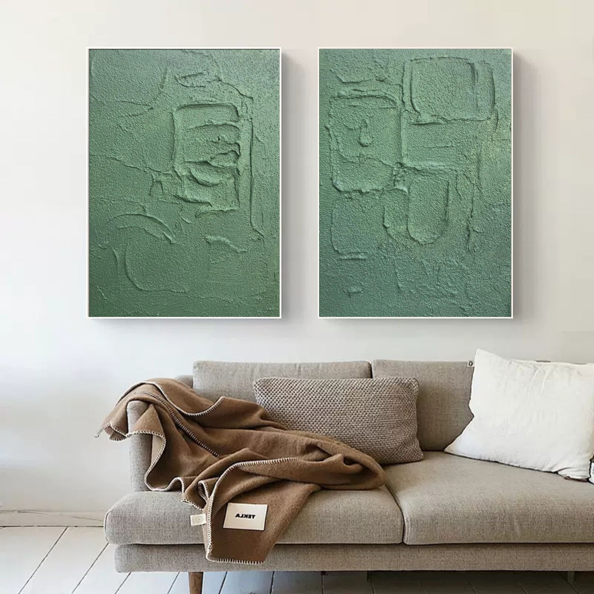 Large Green 3D Abstract Art Set of 2 Plaster Wall Art on Canvas Set of 2 Textured Wall Art Set of 2