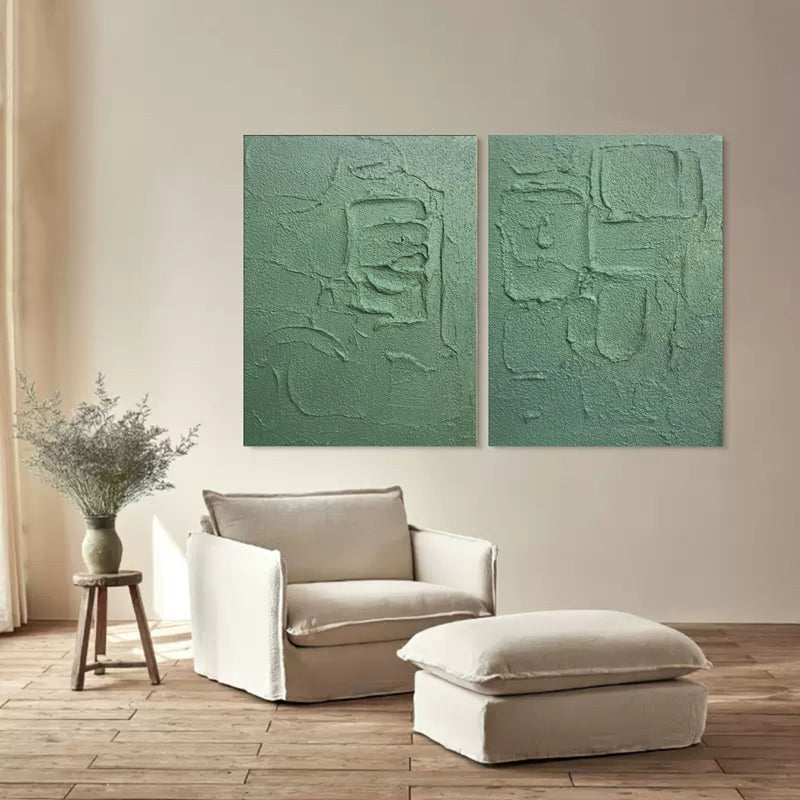 Large Green 3D Abstract Art Set of 2 Plaster Wall Art on Canvas Set of 2 Textured Wall Art Set of 2