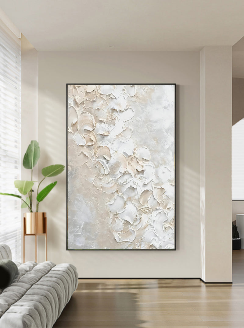 Large Beige 3D Abstract Painting Textured Wall Art Plaster Art On Canvas Knife Acrylic Painting