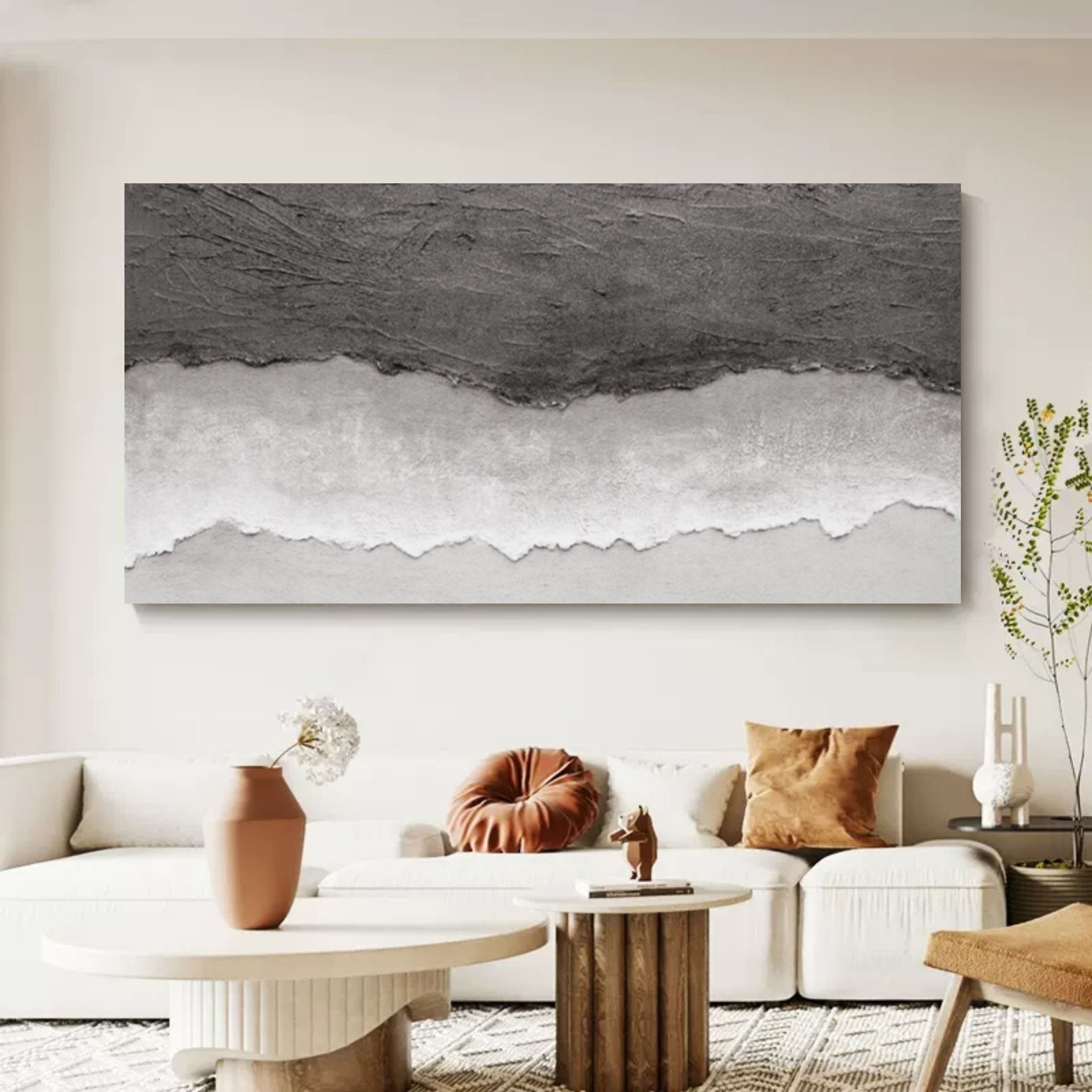 Oversized Horizontal Gray 3D Abstract Canvas Art WabiSabi Wall Art Textured Wall decoration Painting