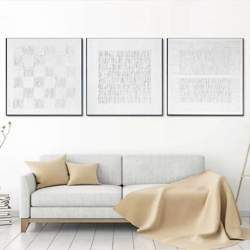 White 3D abstract painting set of 3 White textured abstract wall art set of 3 White plaster art on canvas set of 3