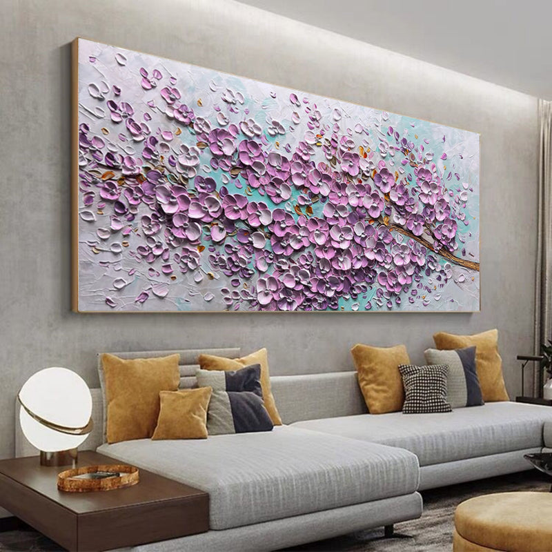 Large Pink 3D Flowers Oil Painting Panoramic Textured Flowers Wall Art Flowers Plaster Art Flowers Canvas Art