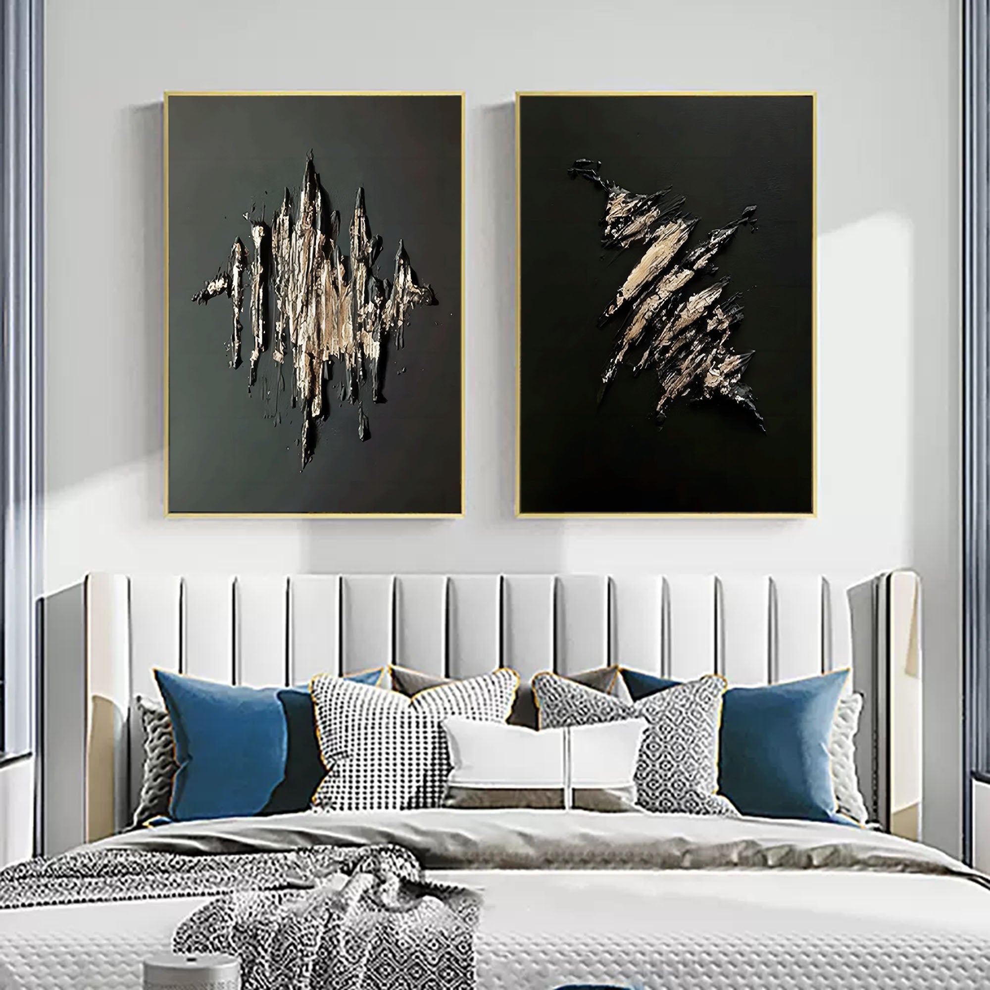 Large Black and Gold 3D Abstract Art Textured Wall Art Plaster Wall Art Minimalist Painting Set of 2