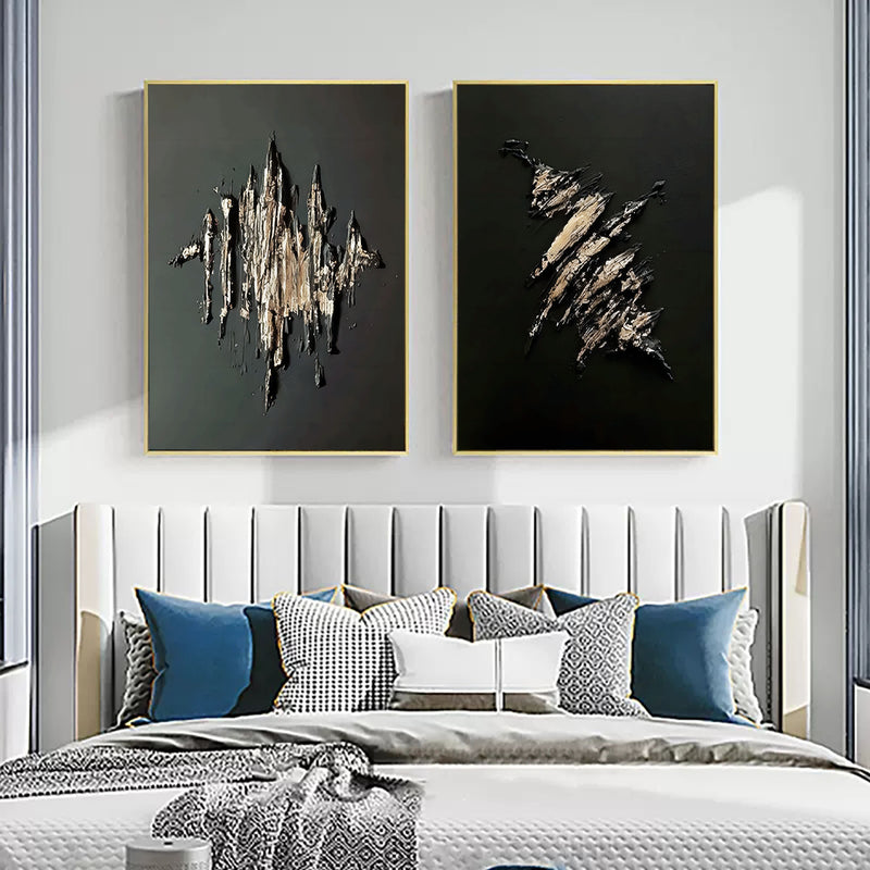Large Black and Gold 3D Abstract Art Textured Wall Art Plaster Wall Art Minimalist Painting Set of 2