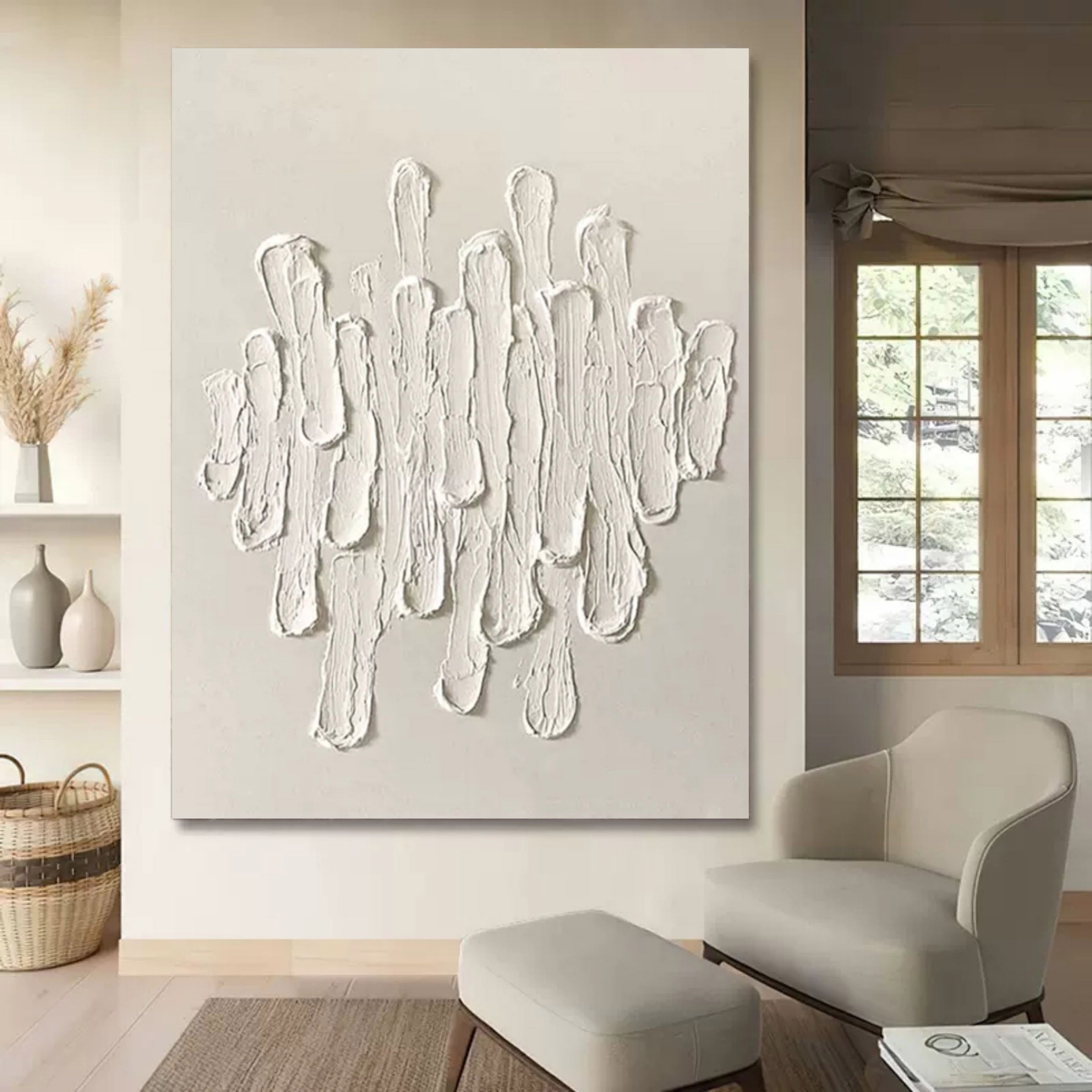 Large Beige 3D Minimalist Canvas Art Beige Abstract Painting 3D Plaster Art Knife Acrylic Painting