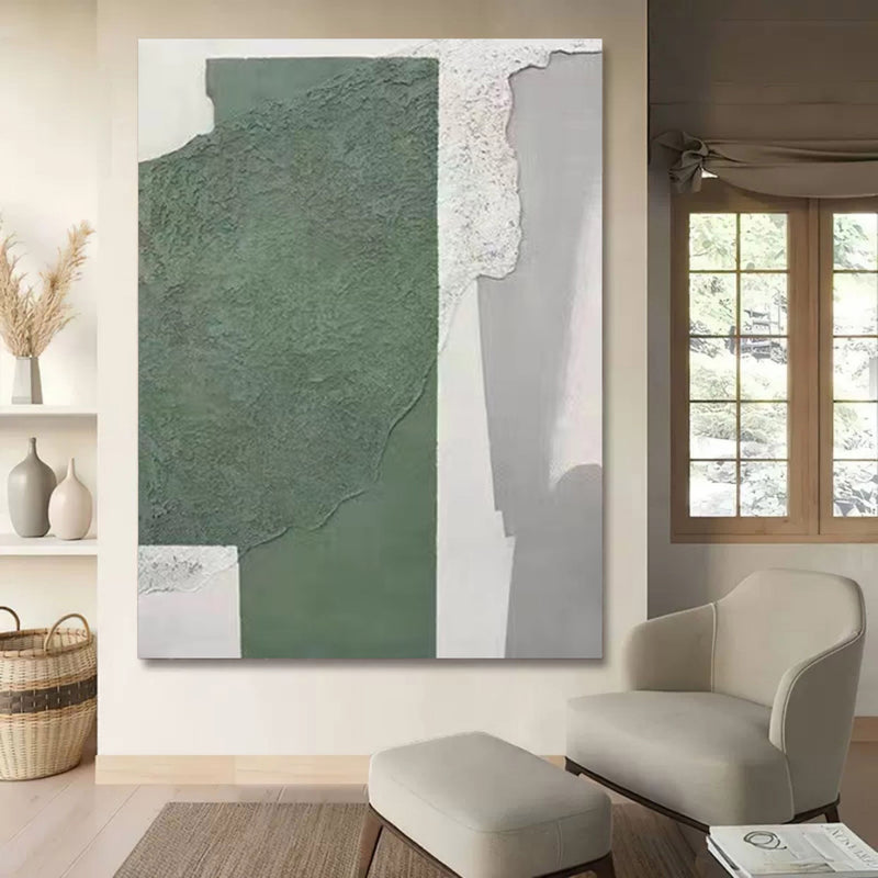 Large Gray and Green 3D Minimalist Canvas Art WabiSabi Wall Art Textured Wall Decor Hanging Painting