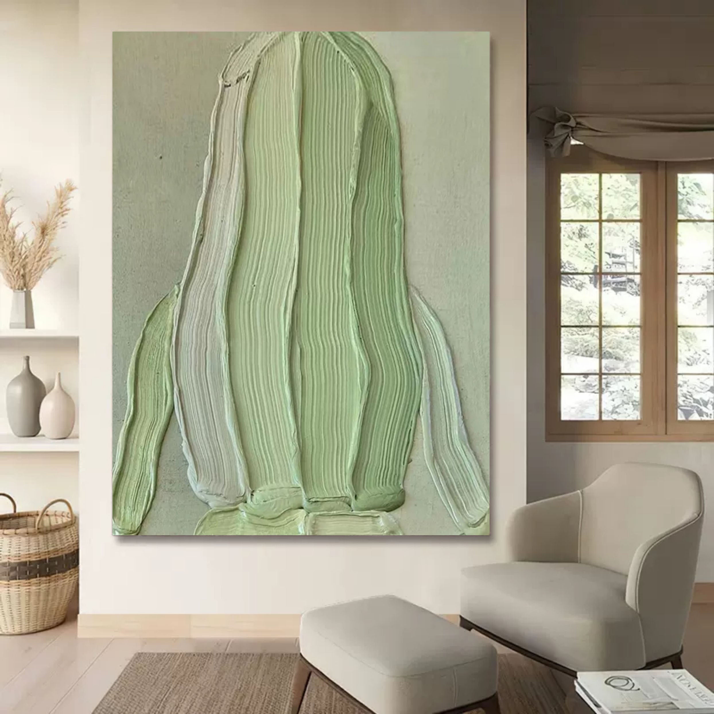 Beautiful girl back view canvas painting 3D plaster wall art Green heavy acrylic texture painting