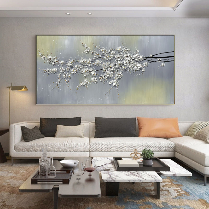 Large White 3D Flowers Painting Panoramic White Flowers Wall Art Flowers Textured Acrylic Painting Flowers Plaster Art