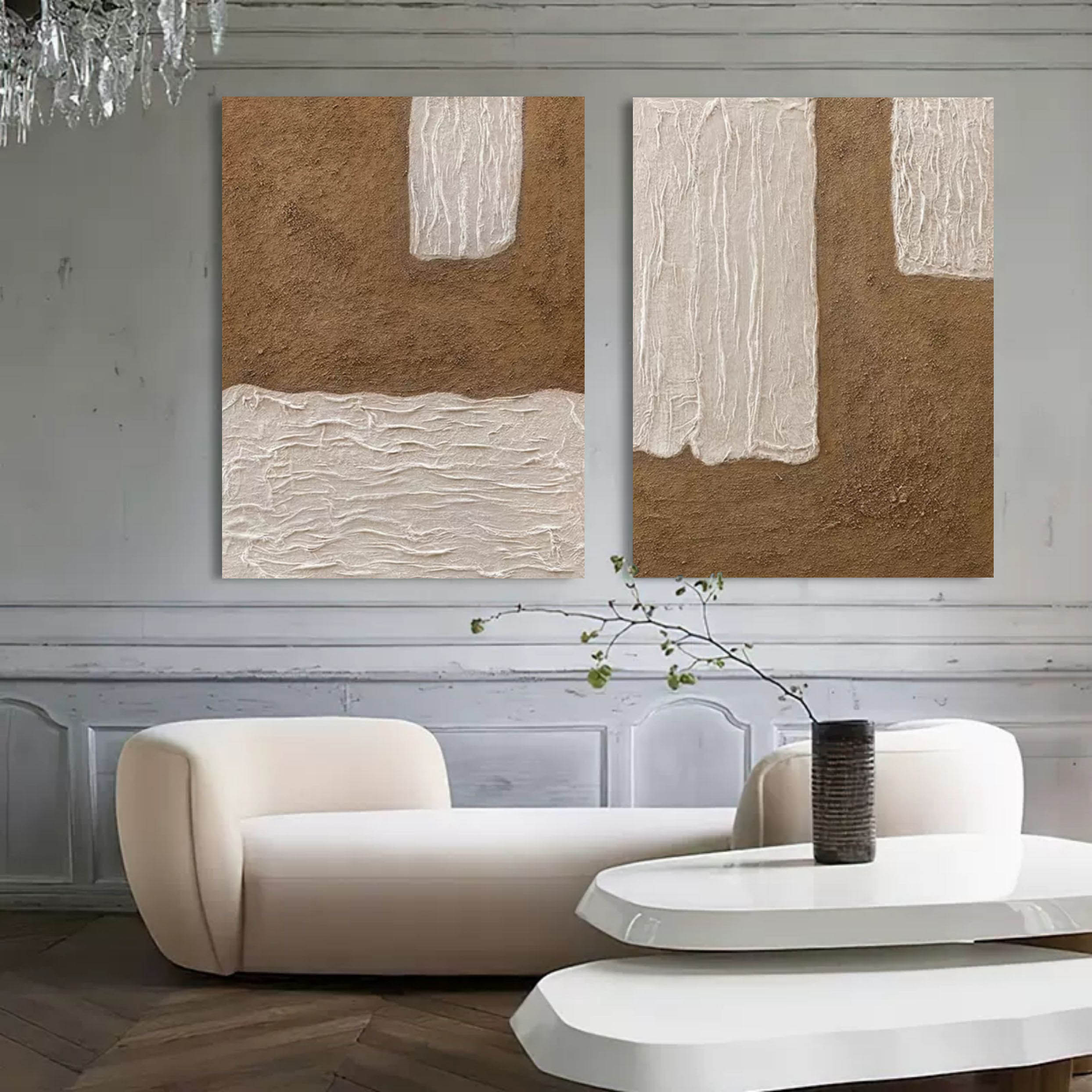 Brown and Beige 3D Abstract Painting Set of 2 Wabi-Sabi Wall Decor Painting Set of 2 Minimalist Painting Set of 2