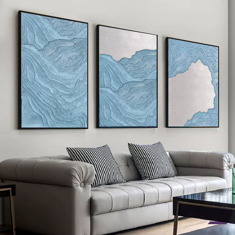 Blue 3D Abstract Canvas Painting Set of 3 Blue Textured Wall Art 3D Plaster Art living room decorative painting set of 3