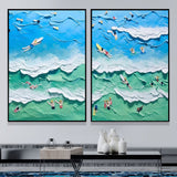 Seaside Surf Paintings on Canvas Blue Sea 3D Texture Painting Set of 2 White 3D Plaster Art Swimming Paintings