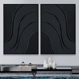 Black 3D Minimalist Abstract Canvas Art Set of 2 Black Textured Wall Painting Set of 2 Plaster Wall Art Set of 2