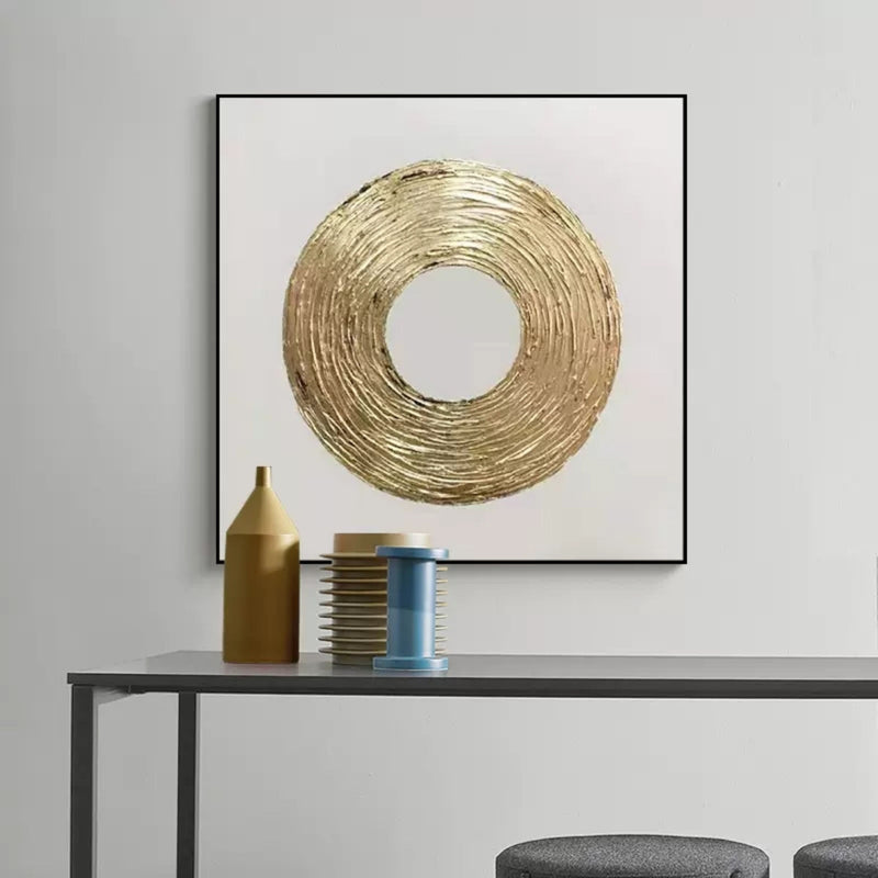 Gold and White 3D Abstract Painting Circle Painting Gold Textured Wall Art Gold Abstract Canvas Art