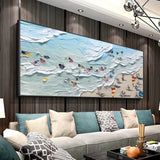 Large Blue 3D Texture Painting Seaside Surf Canvas Art Seaside Swimming Painting Sea Landscape Art