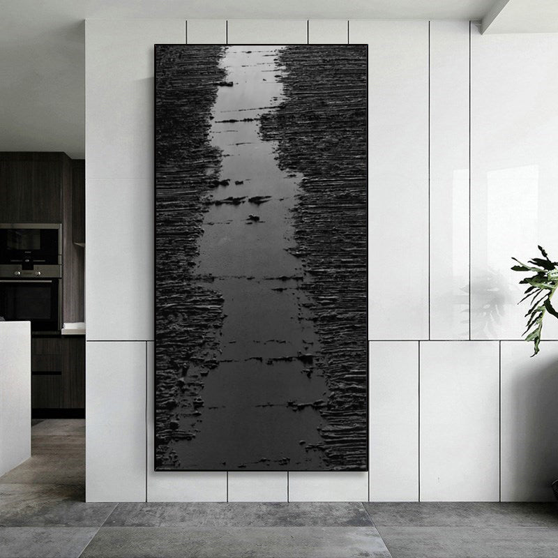 Panoramic Black 3D Abstract Painting Large Entrance Black Canvas Art Black Textured Wall Art Large Black Minimalist Home Wall Hangings