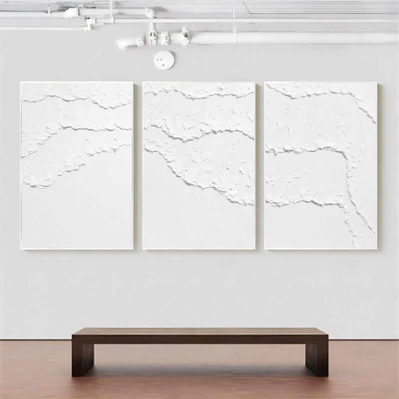 Large White 3D Abstract Art Textured Wall Art Plaster Wall Art Minimalist Canvas Painting Set of 3