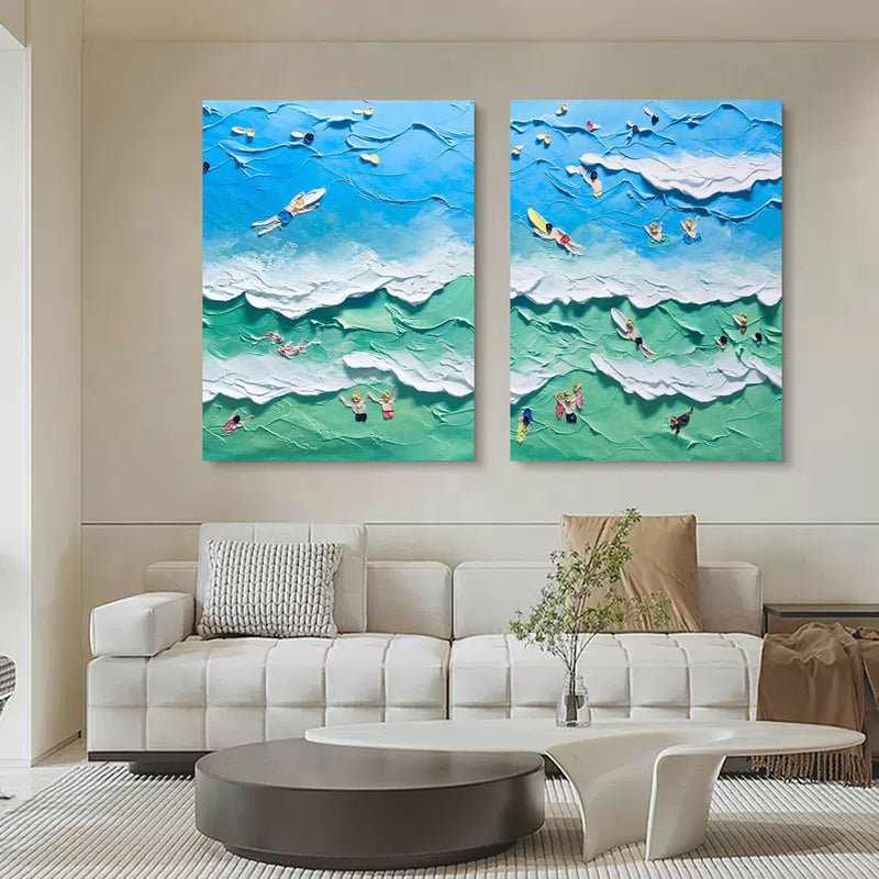 Seaside Surf Paintings on Canvas Blue Sea 3D Texture Painting Set of 2 White 3D Plaster Art Swimming Paintings